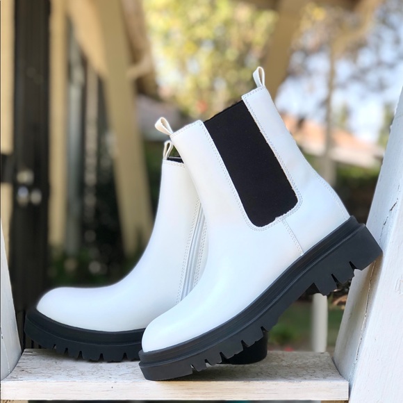 White Vegan Leather Lug Chelsea Boots - Picture 2 of 6